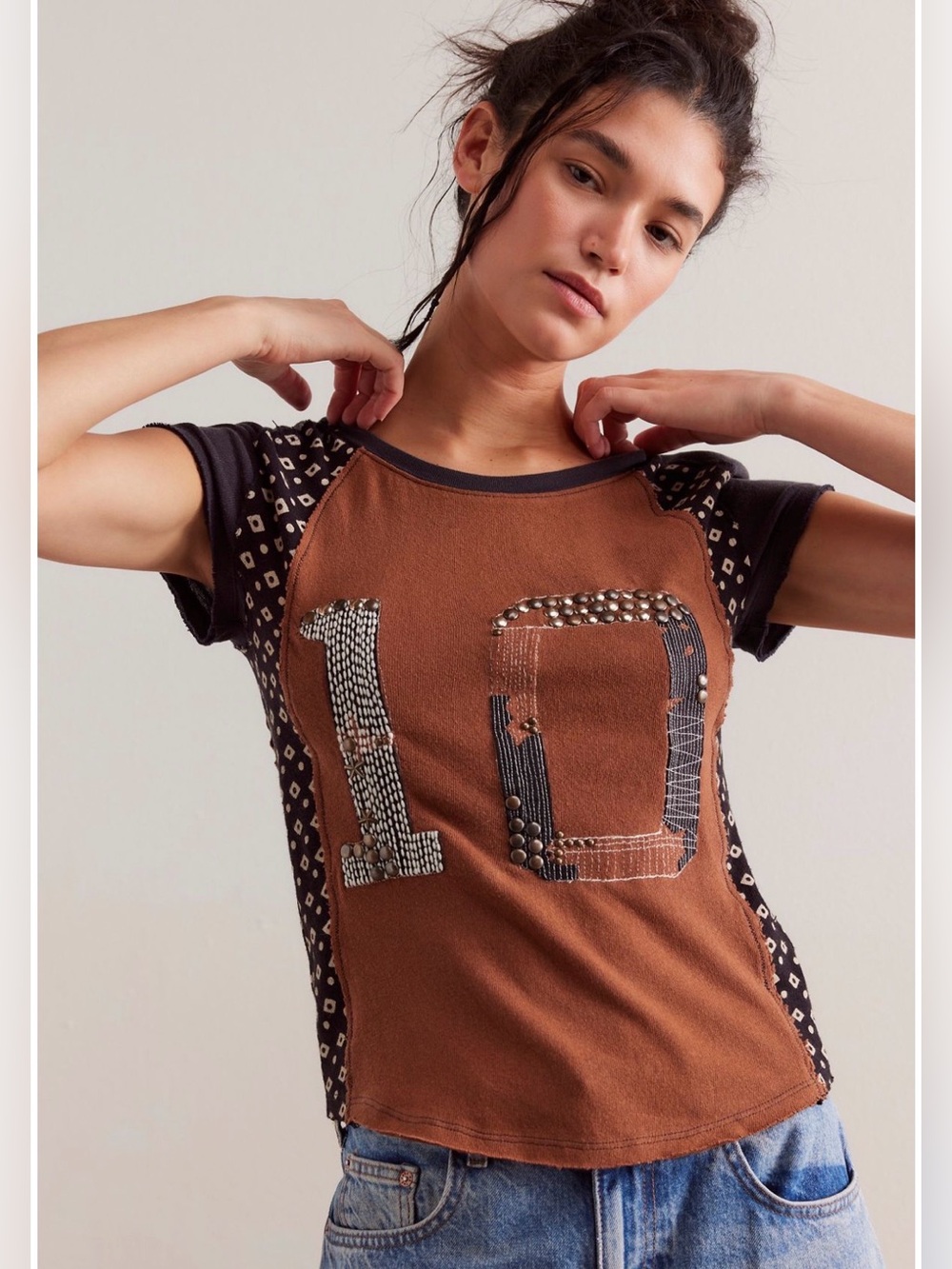 NEW We The Free People M Sloane Graphic Number 10 Tee Shirt NWT Studded
